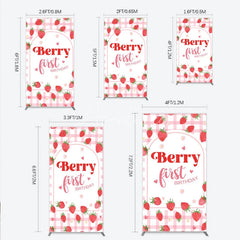 Aperturee - Aperturee Pink Gingham Strawberry Berry First Birthday Rectangle Arch Backdrop with Cute Hearts and Flowers Sweet Party Decor.