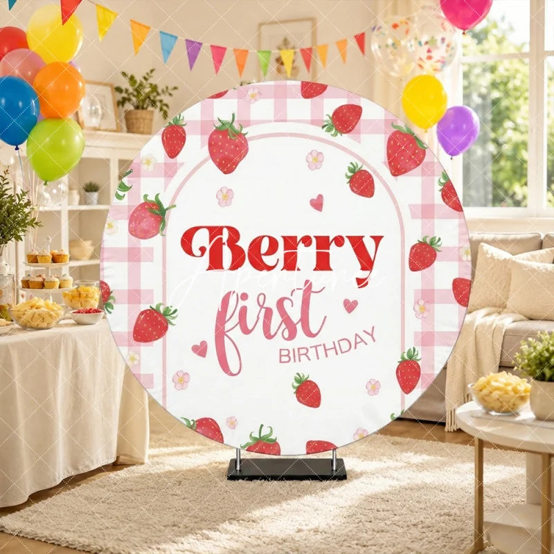 Aperturee - Aperturee Pink Gingham Strawberry Berry First Birthday Round Backdrop Sweet Baby Girl Party Decoration