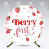 Aperturee - Aperturee Pink Gingham Strawberry Berry First Birthday Round Backdrop Sweet Baby Girl Party Decoration