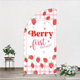 Aperturee - Aperturee Pink Gingham Strawberry Half Moon Arch Backdrop for Berry First Birthday Sweet Celebration Party Decor.