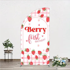 Aperturee - Aperturee Pink Gingham Strawberry Half Moon Arch Backdrop for Berry First Birthday Sweet Celebration Party Decor.
