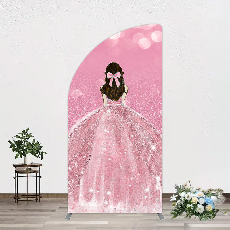 Aperturee - Aperturee Pink Glitter Bokeh Princess Birthday Half Moon Arch Backdrop