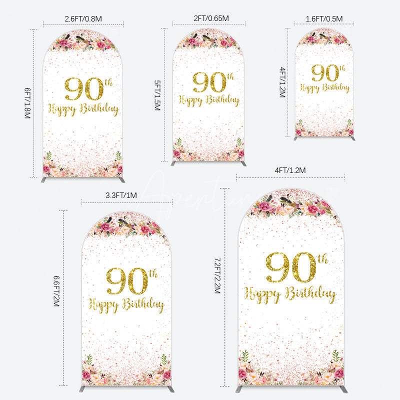 Aperturee - Aperturee Pink Glitter Floral Gold 90th Birthday Arch Backdrop