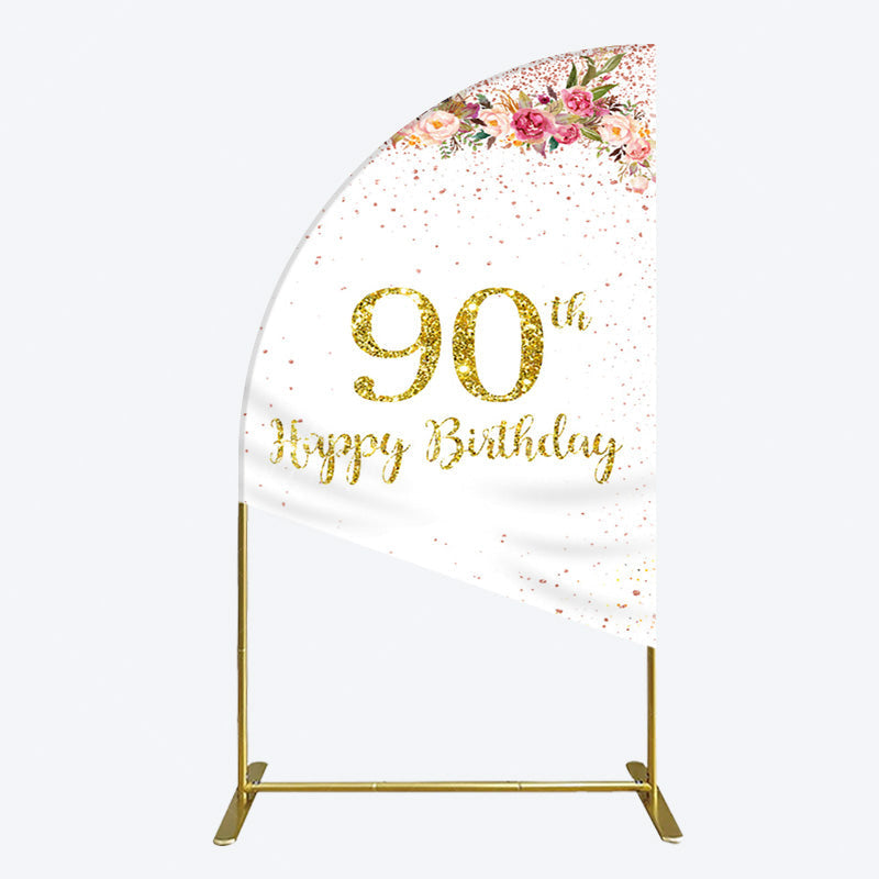 Aperturee - Aperturee Pink Glitter Floral Gold 90th Birthday Half Moon Arch Backdrop