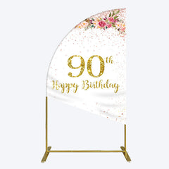 Aperturee - Aperturee Pink Glitter Floral Gold 90th Birthday Half Moon Arch Backdrop