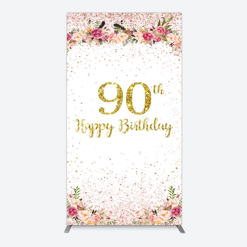 Aperturee - Aperturee Pink Glitter Floral Gold 90th Birthday Rectangle Backdrop
