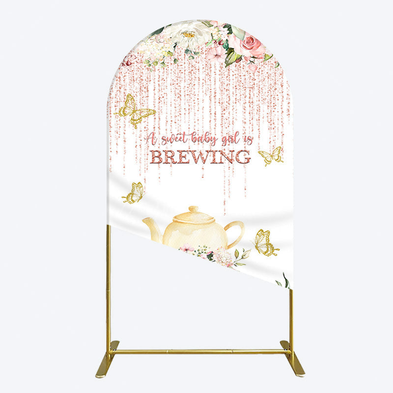 Aperturee - Aperturee Pink Glitter Floral Teapot Baby Shower Arch Backdrop