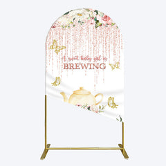 Aperturee - Aperturee Pink Glitter Floral Teapot Baby Shower Arch Backdrop