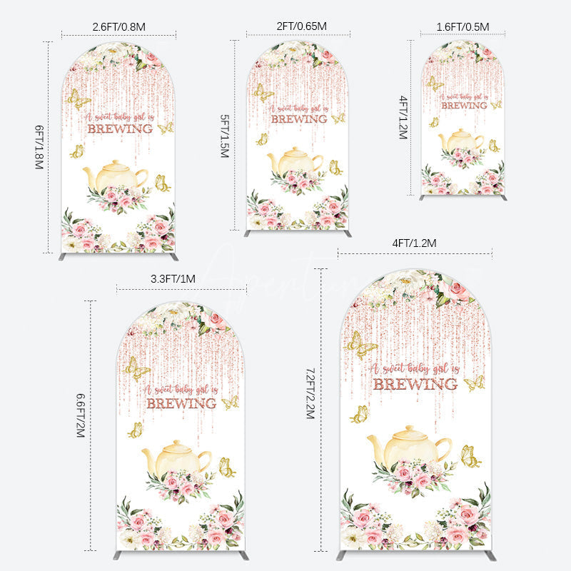 Aperturee - Aperturee Pink Glitter Floral Teapot Baby Shower Arch Backdrop