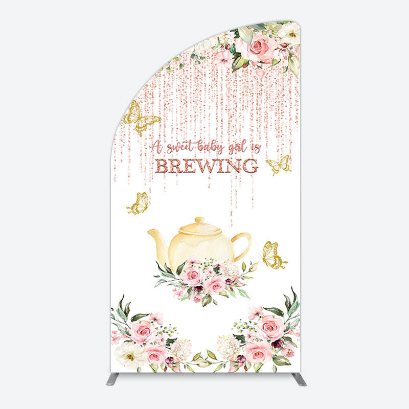 Aperturee - Aperturee Pink Glitter Floral Teapot Baby Shower Half Moon Arch Backdrop