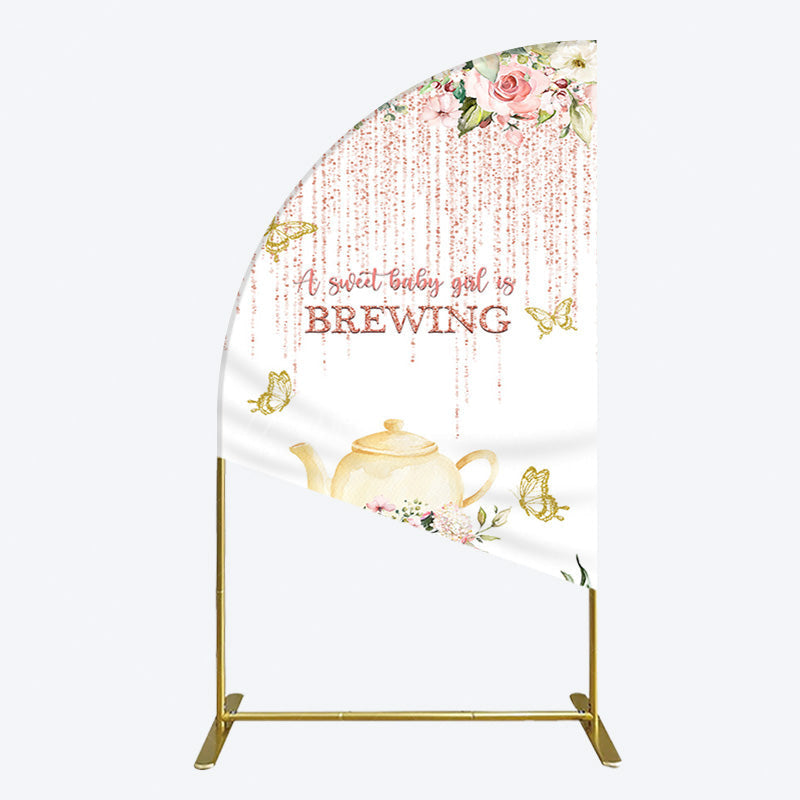 Aperturee - Aperturee Pink Glitter Floral Teapot Baby Shower Half Moon Arch Backdrop