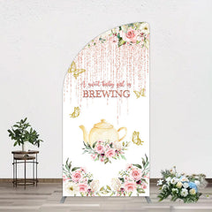 Aperturee - Aperturee Pink Glitter Floral Teapot Baby Shower Half Moon Arch Backdrop