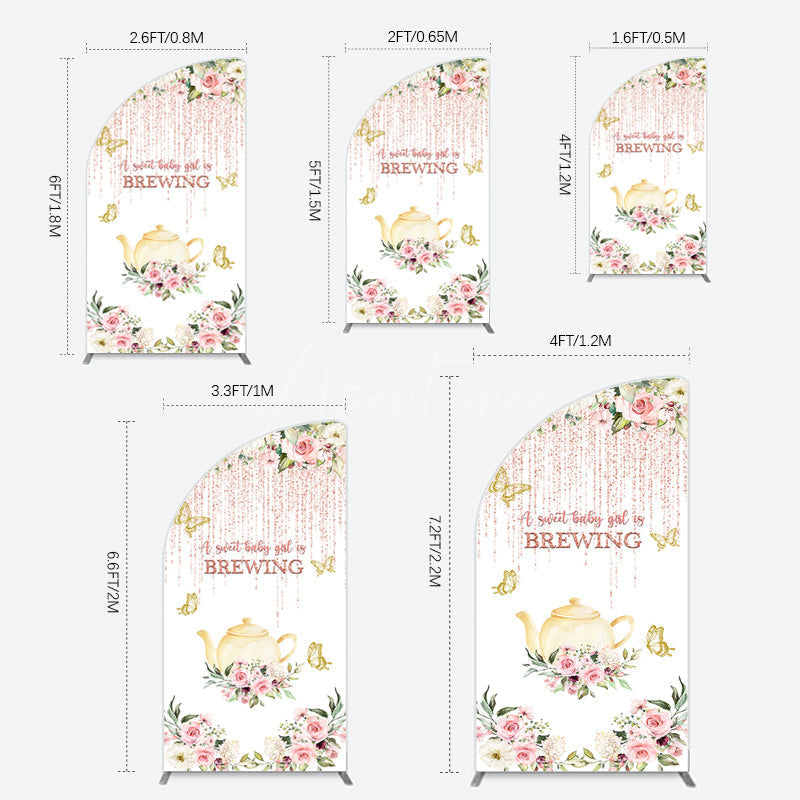Aperturee - Aperturee Pink Glitter Floral Teapot Baby Shower Half Moon Arch Backdrop
