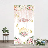 Aperturee - Aperturee Pink Glitter Floral Teapot Baby Shower Rectangle Backdrop