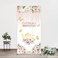 Aperturee - Aperturee Pink Glitter Floral Teapot Baby Shower Rectangle Backdrop