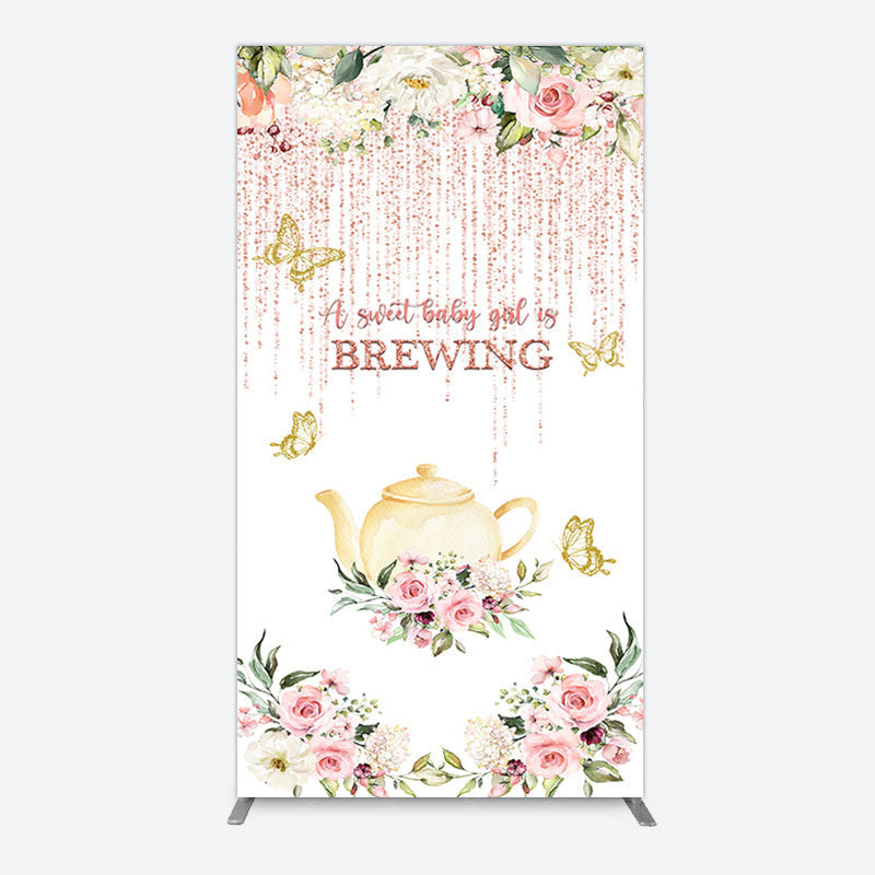 Aperturee - Aperturee Pink Glitter Floral Teapot Baby Shower Rectangle Backdrop