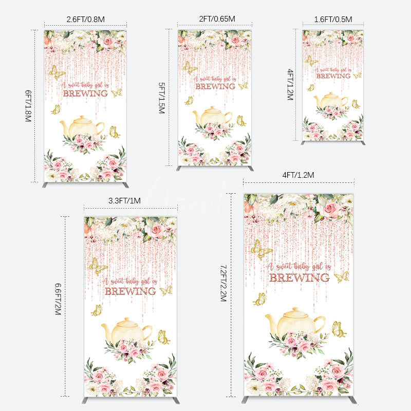 Aperturee - Aperturee Pink Glitter Floral Teapot Baby Shower Rectangle Backdrop