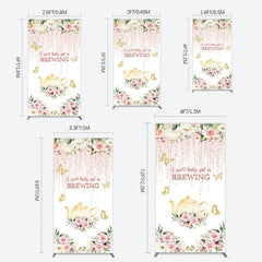 Aperturee - Aperturee Pink Glitter Floral Teapot Baby Shower Rectangle Backdrop