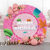 Aperturee - Aperturee Pink Glitter Round Happy Birthday Backdrop Colorful Cartoon Hair and Hat Design for Kids Party