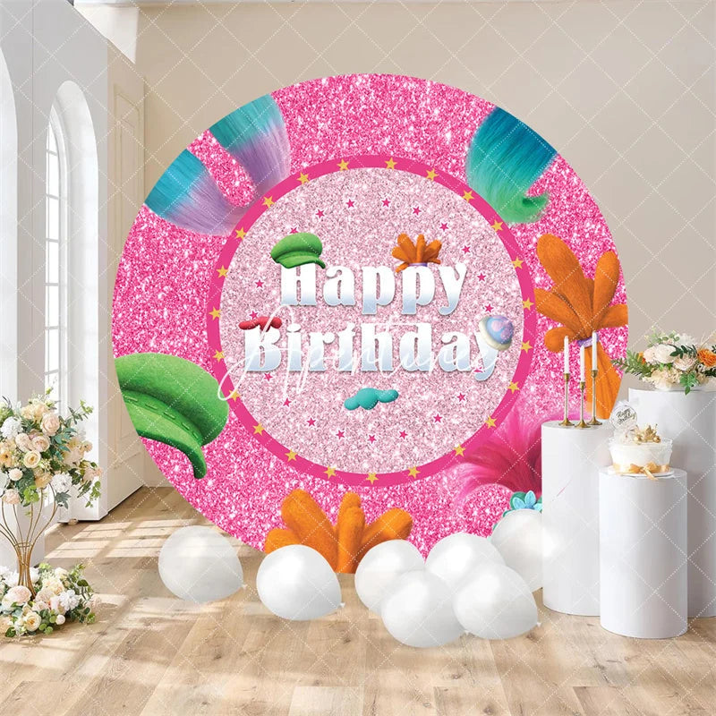 Aperturee - Aperturee Pink Glitter Round Happy Birthday Backdrop Colorful Cartoon Hair and Hat Design for Kids Party