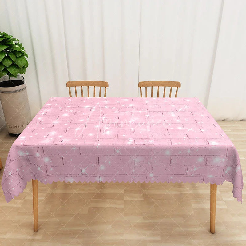Aperturee - Aperturee Pink Glitter Star Tablecloth with Faux Brick Wall Pattern for Girls Birthday Party and Sweet 16 Decor