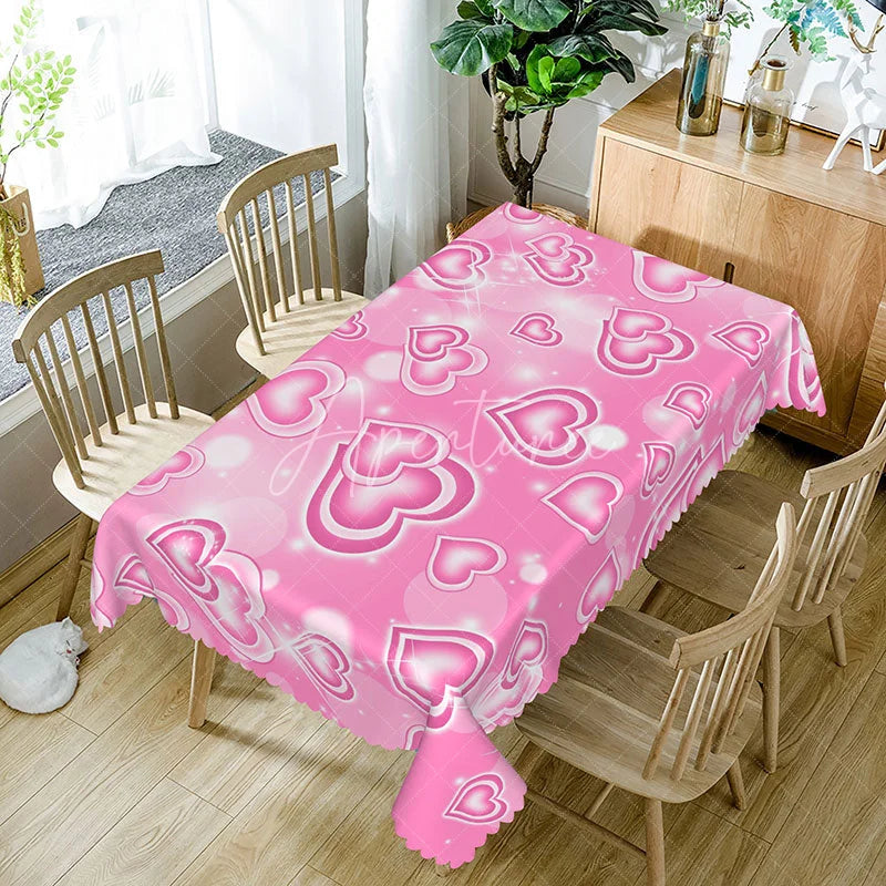 Aperturee - Aperturee Pink Glowing Heart Butterfly Rectangle Tablecloth Sweet Neon Love Pattern Valentine Girls Party Decor