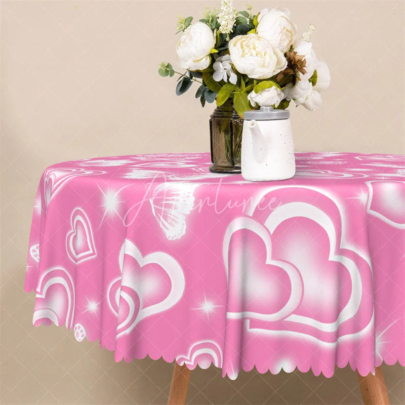 Aperturee - Aperturee Pink Glowing Heart Butterfly Round Tablecloth Romantic Shiny Love Table Cover for Valentine