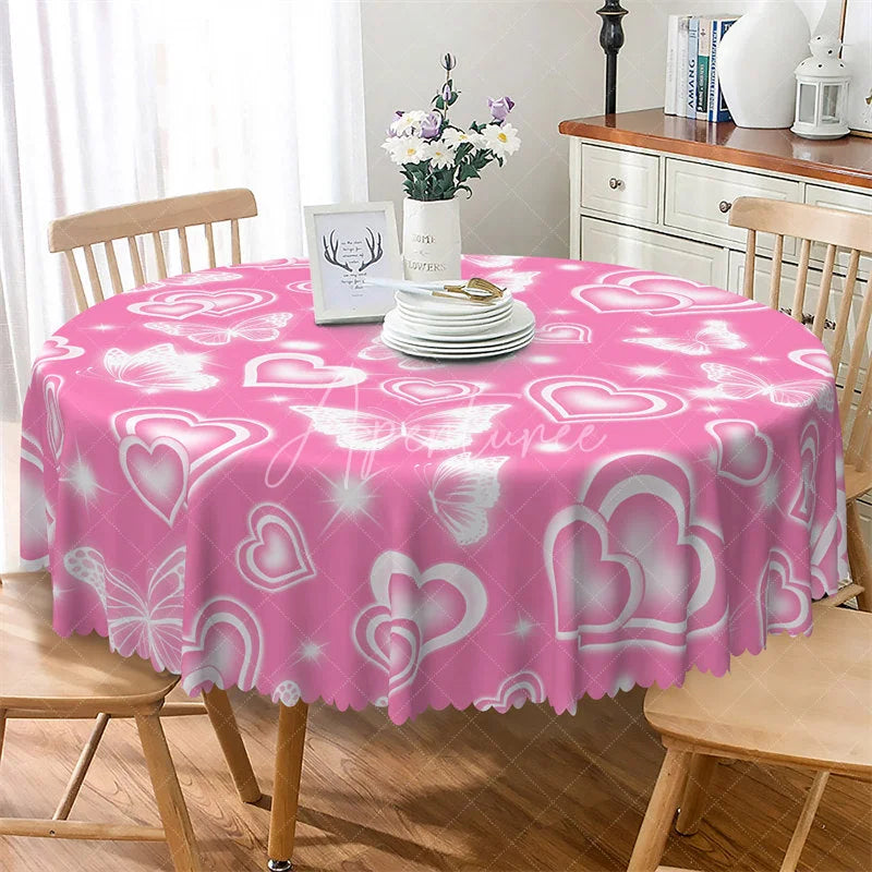 Aperturee - Aperturee Pink Glowing Heart Butterfly Round Tablecloth Romantic Shiny Love Table Cover for Valentine