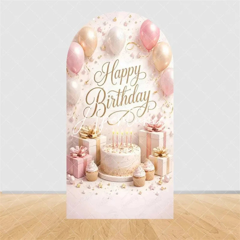 Aperturee - Aperturee Pink Gold Balloons Cake Arch Backdrop Happy Birthday Party Arch Cover with Gifts Decor
