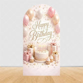 Aperturee - Aperturee Pink Gold Balloons Cake Arch Backdrop Happy Birthday Party Arch Cover with Gifts Decor