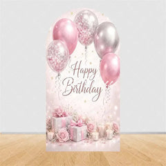 Aperturee - Aperturee Pink Gold Balloons Cake Arch Backdrop Happy Birthday Party Arch Cover with Gifts Decor