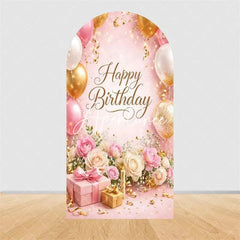 Aperturee - Aperturee Pink Gold Balloons Cake Arch Backdrop Happy Birthday Party Arch Cover with Gifts Decor