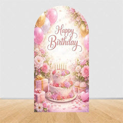 Aperturee - Aperturee Pink Gold Balloons Cake Arch Backdrop Happy Birthday Party Arch Cover with Gifts Decor