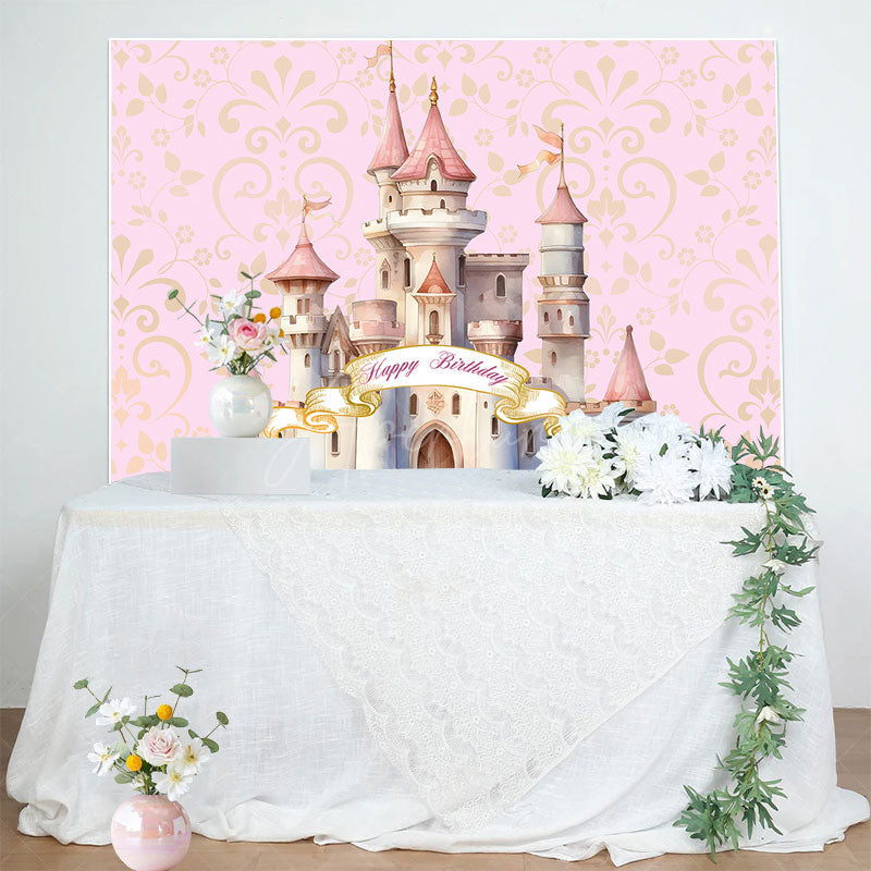 Aperturee Aperturee Pink Gold Cartoon Castle Happy Birthday Backdrop