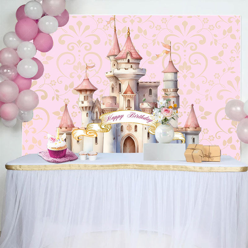 Aperturee Aperturee Pink Gold Cartoon Castle Happy Birthday Backdrop