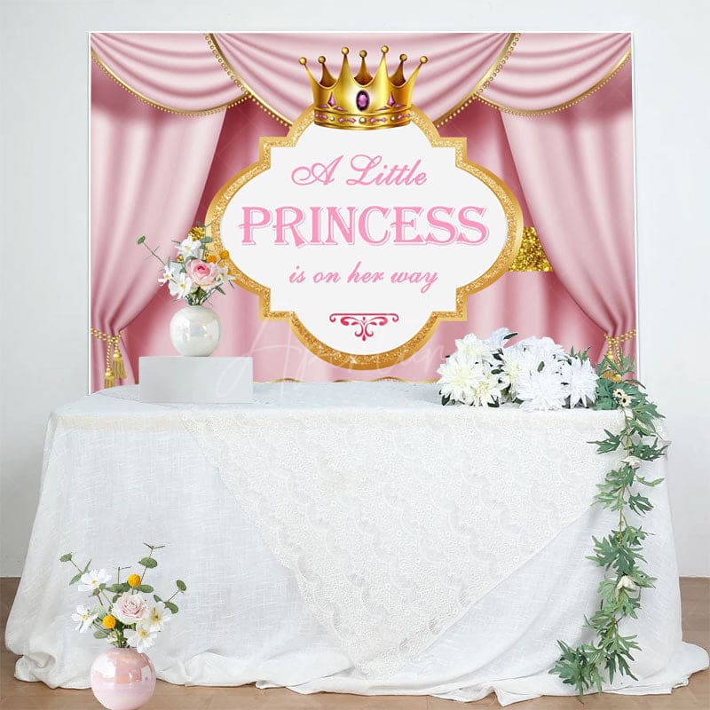 Aperturee - Aperturee Pink Gold Curtain Crown Princess Baby Shower Backdrop