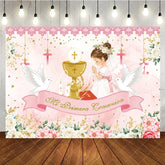 Aperturee - Aperturee Pink Gold First Communion Praying Girl with Chalice Doves Floral Birthday Backdrop Mi Primera Comunion Party Decor