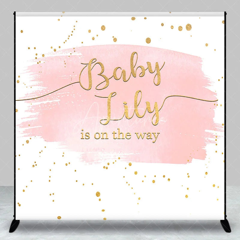 Aperturee - Aperturee Pink Gold Glitter Baby Name is on the Way Custom Backdrop for Baby Shower Elegant Gender Reveal Decor