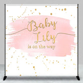 Aperturee - Aperturee Pink Gold Glitter Baby Name is on the Way Custom Backdrop for Baby Shower Elegant Gender Reveal Decor