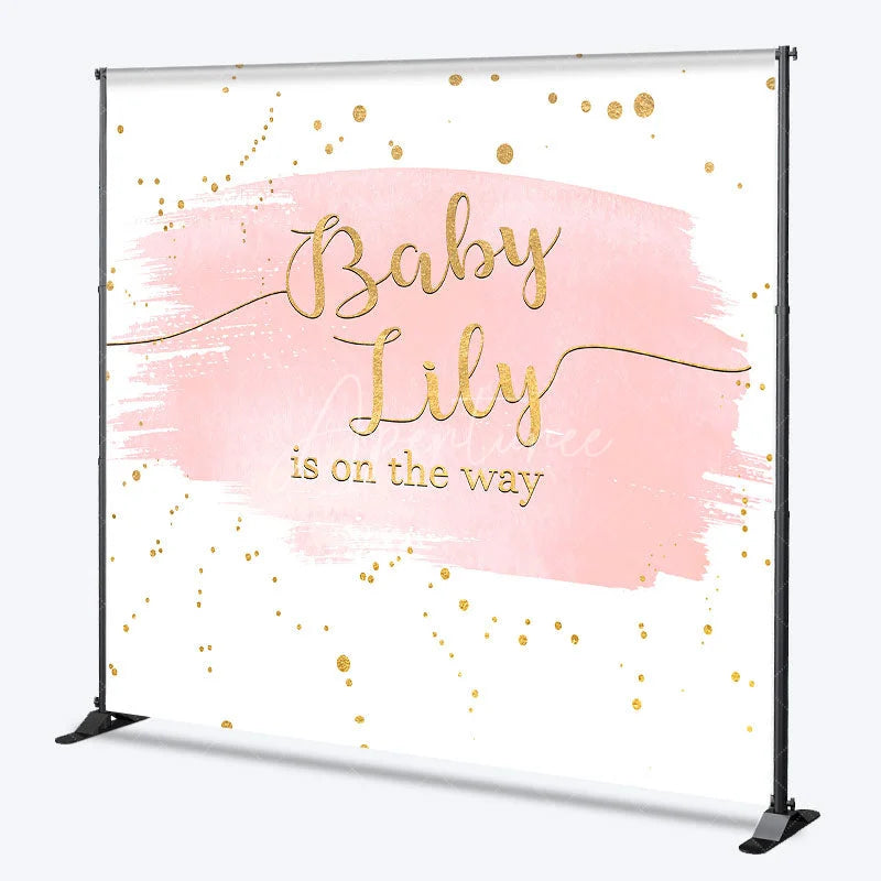 Aperturee - Aperturee Pink Gold Glitter Baby Name is on the Way Custom Backdrop for Baby Shower Elegant Gender Reveal Decor