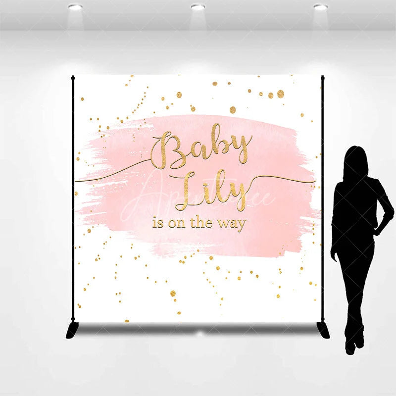 Aperturee - Aperturee Pink Gold Glitter Baby Name is on the Way Custom Backdrop for Baby Shower Elegant Gender Reveal Decor