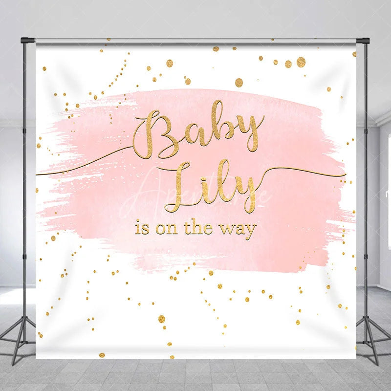 Aperturee - Aperturee Pink Gold Glitter Baby Name is on the Way Custom Backdrop for Baby Shower Elegant Gender Reveal Decor
