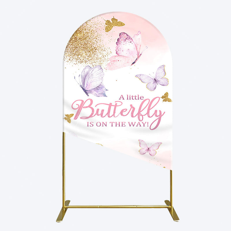 Aperturee - Aperturee Pink Gold Glitter Butterfly Baby Shower Arch Backdrop