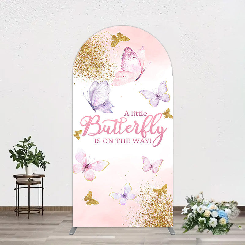 Aperturee - Aperturee Pink Gold Glitter Butterfly Baby Shower Arch Backdrop
