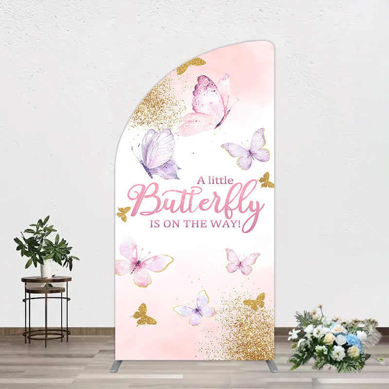 Aperturee - Aperturee Pink Gold Glitter Butterfly Baby Shower Half Moon Arch Backdrop