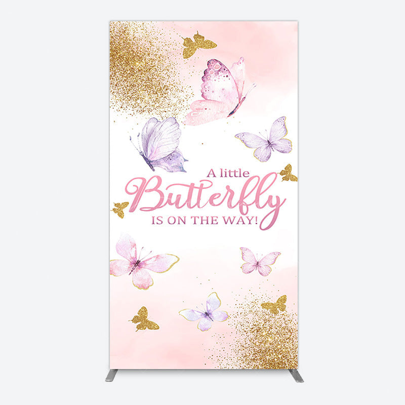 Aperturee - Aperturee Pink Gold Glitter Butterfly Baby Shower Rectangle Backdrop