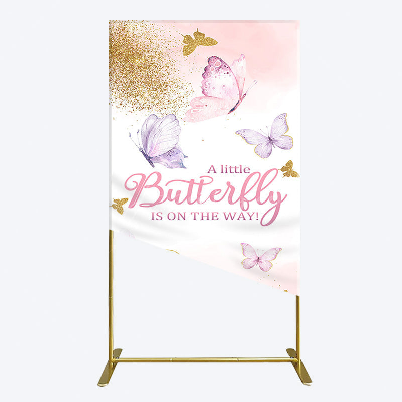 Aperturee - Aperturee Pink Gold Glitter Butterfly Baby Shower Rectangle Backdrop