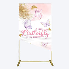 Aperturee - Aperturee Pink Gold Glitter Butterfly Baby Shower Rectangle Backdrop