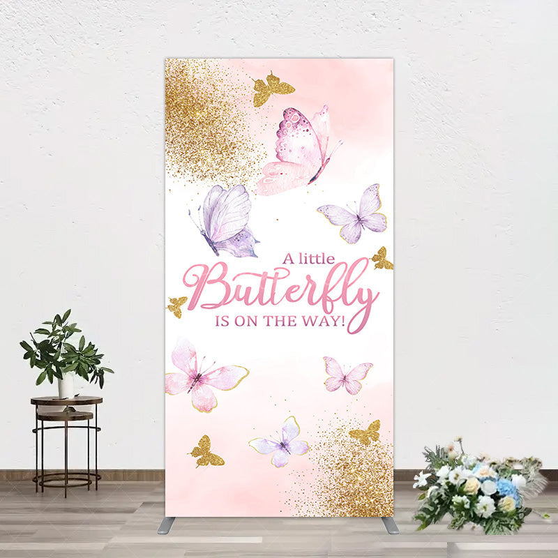 Aperturee - Aperturee Pink Gold Glitter Butterfly Baby Shower Rectangle Backdrop