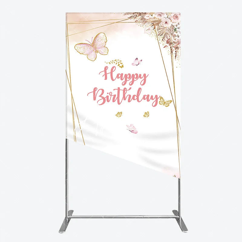 Aperturee - Aperturee Pink Gold Glitter Butterfly Happy Birthday Floral Geometric Rectangle Arch Backdrop Bohemian Party Decor.